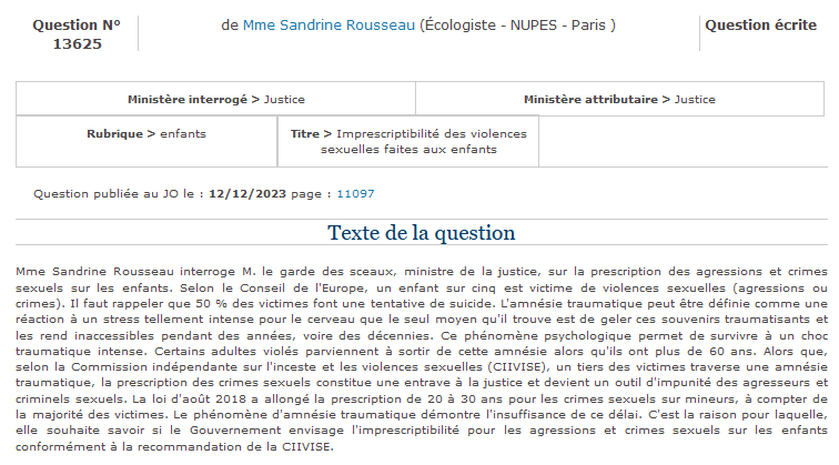Question écrite de la députée Sandrine Rousseau sur l’abolition de la prescription pour les violences sexuelles sur enfants et mineurs (imprescriptibilité)